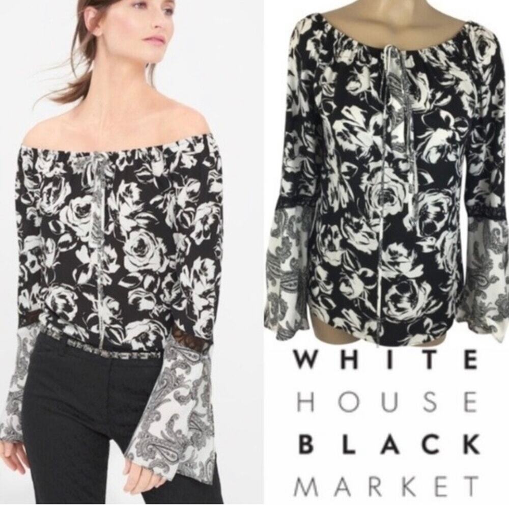 WHBM Black & White Print Peasant Boho Long Sleeve Off Shoulder top Size S Loose
